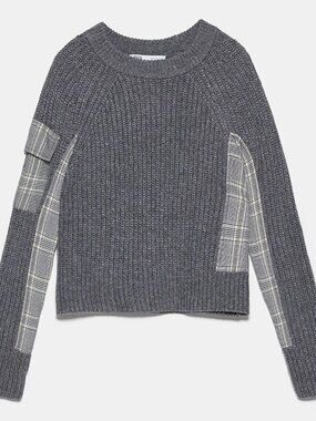 ZARA Women's Size Small Grey Plaid Patchwork Panel Long Sleeve Crop Knit Sweater